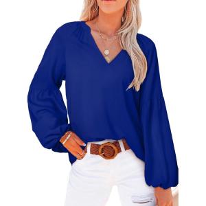 imageSHEWIN Womens Casual Boho Floral Print V Neck Long Sleeve Loose Blouses Shirts Tops5 Deep Blue
