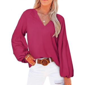 imageSHEWIN Womens Casual Boho Floral Print V Neck Long Sleeve Loose Blouses Shirts Tops5 Rose