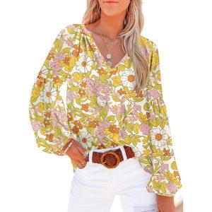 imageSHEWIN Womens Casual Boho Floral Print V Neck Long Sleeve Loose Blouses Shirts TopsYellow