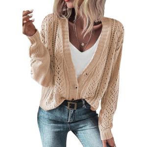 imageSHEWIN Cardigan Sweaters for Women Lightweight Long Sleeve Cable Knit Open Front Button Down Crochet Cardigans SweaterBeige