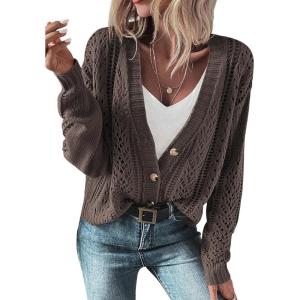 imageSHEWIN Cardigan Sweaters for Women Lightweight Long Sleeve Cable Knit Open Front Button Down Crochet Cardigans SweaterDark Khaki
