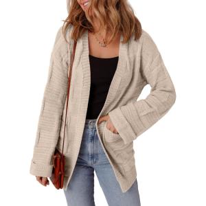 imageSHEWIN Womens Open Front Lightweight Cardigan Casual Long Sleeve Knit Loose Sweaters OutwearApricot