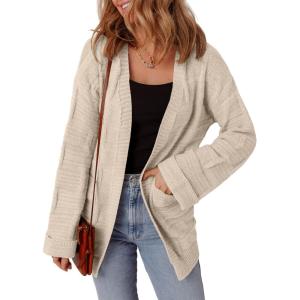 imageSHEWIN Womens Open Front Lightweight Cardigan Casual Long Sleeve Knit Loose Sweaters OutwearBeige