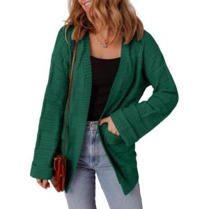 imageSHEWIN Womens Open Front Lightweight Cardigan Casual Long Sleeve Knit Loose Sweaters OutwearBlackish Green