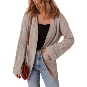 imageSHEWIN Womens Open Front Lightweight Cardigan Casual Long Sleeve Knit Loose Sweaters OutwearKhaki