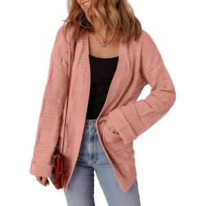 imageSHEWIN Womens Open Front Lightweight Cardigan Casual Long Sleeve Knit Loose Sweaters OutwearPink