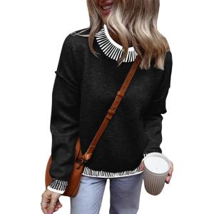 imageSHEWIN Womens Sweaters 2024 Casual Long Sleeve Contrast Crew Neck Knit Pullover Sweater Tops Fall ClothesBlack