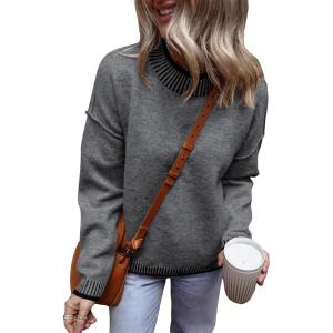 imageSHEWIN Womens Sweaters 2024 Casual Long Sleeve Contrast Crew Neck Knit Pullover Sweater Tops Fall ClothesGrey