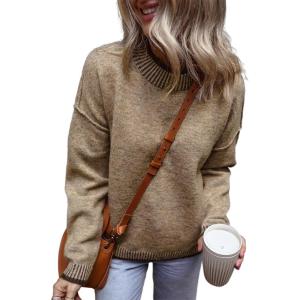 imageSHEWIN Womens Sweaters 2024 Casual Long Sleeve Contrast Crew Neck Knit Pullover Sweater Tops Fall ClothesKhaki