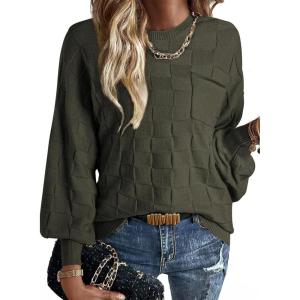 imageSHEWIN Womens Sweaters 2025 Casual Crewneck Long Sleeve Lightweight Checkered Knit Knit Pullover Sweater TopsB Dark Green