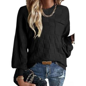 imageSHEWIN Womens Sweaters 2025 Casual Crewneck Long Sleeve Lightweight Checkered Knit Knit Pullover Sweater TopsBlack
