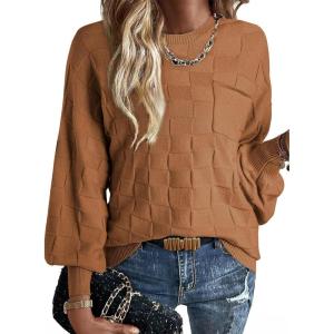 imageSHEWIN Womens Sweaters 2025 Casual Crewneck Long Sleeve Lightweight Checkered Knit Knit Pullover Sweater TopsBrown