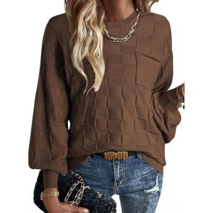 imageSHEWIN Womens Sweaters 2025 Casual Crewneck Long Sleeve Lightweight Checkered Knit Knit Pullover Sweater TopsCoffee