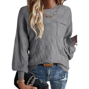 imageSHEWIN Womens Sweaters 2025 Casual Crewneck Long Sleeve Lightweight Checkered Knit Knit Pullover Sweater TopsGray