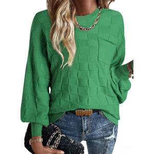 imageSHEWIN Womens Sweaters 2025 Casual Crewneck Long Sleeve Lightweight Checkered Knit Knit Pullover Sweater TopsGreen