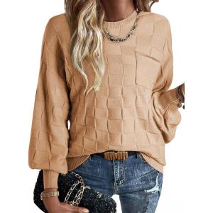 imageSHEWIN Womens Sweaters 2025 Casual Crewneck Long Sleeve Lightweight Checkered Knit Knit Pullover Sweater TopsKhaki