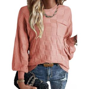 imageSHEWIN Womens Sweaters 2025 Casual Crewneck Long Sleeve Lightweight Checkered Knit Knit Pullover Sweater TopsPink