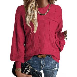 imageSHEWIN Womens Sweaters 2025 Casual Crewneck Long Sleeve Lightweight Checkered Knit Knit Pullover Sweater TopsRed