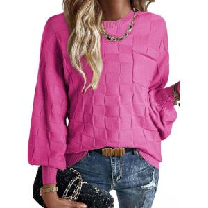 imageSHEWIN Womens Sweaters 2025 Casual Crewneck Long Sleeve Lightweight Checkered Knit Knit Pullover Sweater TopsRose Red