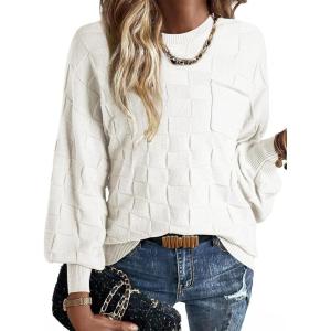 imageSHEWIN Womens Sweaters 2025 Casual Crewneck Long Sleeve Lightweight Checkered Knit Knit Pullover Sweater TopsWhite