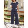 imageSHEWIN Womens 2 Piece Lounge Sets Casual Cap Short Sleeve Knit Sweater Tops Matching Wide Leg Pants Tracksuit SetNavy Blue