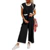 imageSHEWIN Womens 2 Piece Lounge Sets Casual Cap Short Sleeve Knit Sweater Tops Matching Wide Leg Pants Tracksuit SetBlack
