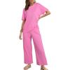 imageSHEWIN Womens 2 Piece Lounge Sets for Women Casual Waffle Knit Short Sleeve Tops and Wide Leg Pants Tracksuit SetPink