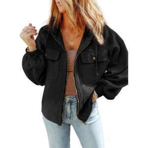 imageSHEWIN Jackets for Women Casual Long Sleeve Drawstring Fuzzy Sherpa Hooded Zip Up Jacket Coats With PocketsBlack
