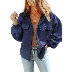 imageSHEWIN Jackets for Women Casual Long Sleeve Drawstring Fuzzy Sherpa Hooded Zip Up Jacket Coats With PocketsBlue