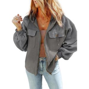 imageSHEWIN Jackets for Women Casual Long Sleeve Drawstring Fuzzy Sherpa Hooded Zip Up Jacket Coats With PocketsGray