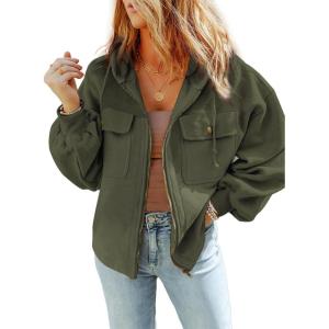 imageSHEWIN Jackets for Women Casual Long Sleeve Drawstring Fuzzy Sherpa Hooded Zip Up Jacket Coats With PocketsGreen