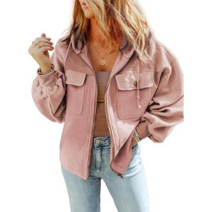 imageSHEWIN Jackets for Women Casual Long Sleeve Drawstring Fuzzy Sherpa Hooded Zip Up Jacket Coats With PocketsPink