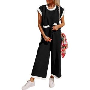 imageSHEWIN Womens 2 Piece Lounge Sets Casual Cap Short Sleeve Knit Sweater Tops Matching Wide Leg Pants Tracksuit SetBlack