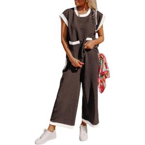 imageSHEWIN Womens 2 Piece Lounge Sets Casual Cap Short Sleeve Knit Sweater Tops Matching Wide Leg Pants Tracksuit SetBrown
