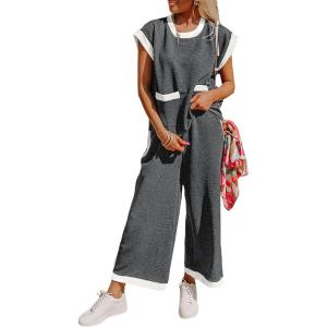 imageSHEWIN Womens 2 Piece Lounge Sets Casual Cap Short Sleeve Knit Sweater Tops Matching Wide Leg Pants Tracksuit SetDark Grey