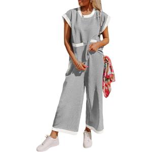 imageSHEWIN Womens 2 Piece Lounge Sets Casual Cap Short Sleeve Knit Sweater Tops Matching Wide Leg Pants Tracksuit SetGrey