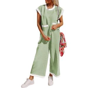 imageSHEWIN Womens 2 Piece Lounge Sets Casual Cap Short Sleeve Knit Sweater Tops Matching Wide Leg Pants Tracksuit SetLight Green