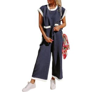 imageSHEWIN Womens 2 Piece Lounge Sets Casual Cap Short Sleeve Knit Sweater Tops Matching Wide Leg Pants Tracksuit SetNavy Blue