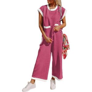imageSHEWIN Womens 2 Piece Lounge Sets Casual Cap Short Sleeve Knit Sweater Tops Matching Wide Leg Pants Tracksuit SetRose