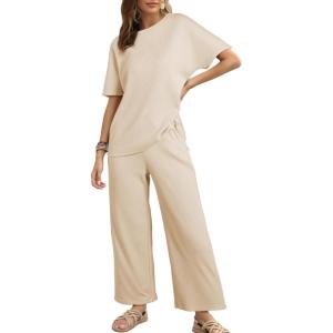 imageSHEWIN Womens 2 Piece Lounge Sets for Women Casual Waffle Knit Short Sleeve Tops and Wide Leg Pants Tracksuit SetApricot