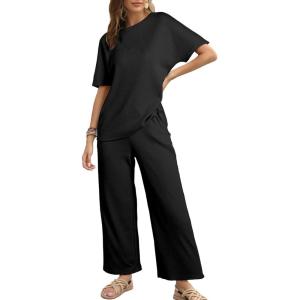 imageSHEWIN Womens 2 Piece Lounge Sets for Women Casual Waffle Knit Short Sleeve Tops and Wide Leg Pants Tracksuit SetBlack