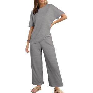 imageSHEWIN Womens 2 Piece Lounge Sets for Women Casual Waffle Knit Short Sleeve Tops and Wide Leg Pants Tracksuit SetGrey