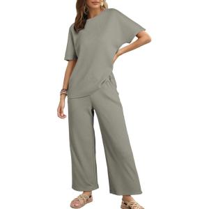 imageSHEWIN Womens 2 Piece Lounge Sets for Women Casual Waffle Knit Short Sleeve Tops and Wide Leg Pants Tracksuit SetMist Green