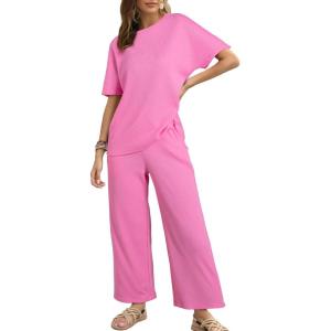 imageSHEWIN Womens 2 Piece Lounge Sets for Women Casual Waffle Knit Short Sleeve Tops and Wide Leg Pants Tracksuit SetPink