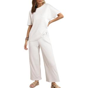 imageSHEWIN Womens 2 Piece Lounge Sets for Women Casual Waffle Knit Short Sleeve Tops and Wide Leg Pants Tracksuit SetWhite