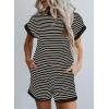 imageSHEWIN Womens 2 Piece Outfits Sweatsuit Casual Loose Striped Short Sleeve Tops Shorts Lounge Sets with PocketsBlack