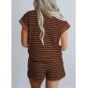 imageSHEWIN Womens 2 Piece Outfits Sweatsuit Casual Loose Striped Short Sleeve Tops Shorts Lounge Sets with PocketsBrown