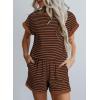 imageSHEWIN Womens 2 Piece Outfits Sweatsuit Casual Loose Striped Short Sleeve Tops Shorts Lounge Sets with PocketsBrown