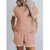 imageSHEWIN Womens 2 Piece Outfits Sweatsuit Casual Loose Striped Short Sleeve Tops Shorts Lounge Sets with PocketsPink