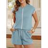 imageSHEWIN Womens Two Piece Lounge Sets Casual Short Sleeve Pullover Tops Matching Drawstring Shorts Cozy Pajamas SetLight Blue